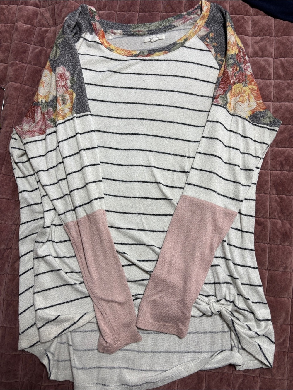 Maurices White Black Striped Raglan Top with Pink Sleeves and Floral Accents